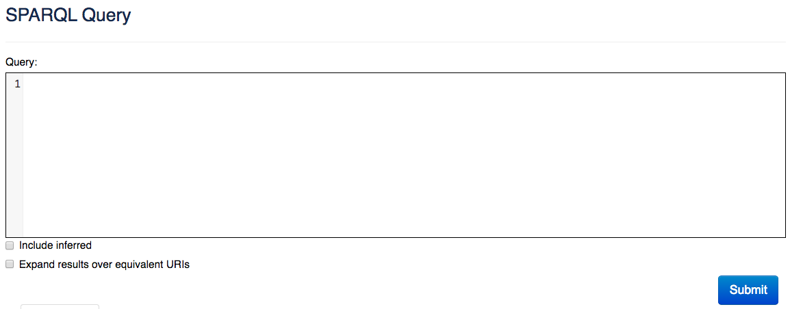 The BM SPARQL endpoint webpage. For all the queries in this tutorial, make sure that you have left the 'Include inferred' and 'Expand results over equivalent URIs' boxes unchecked.